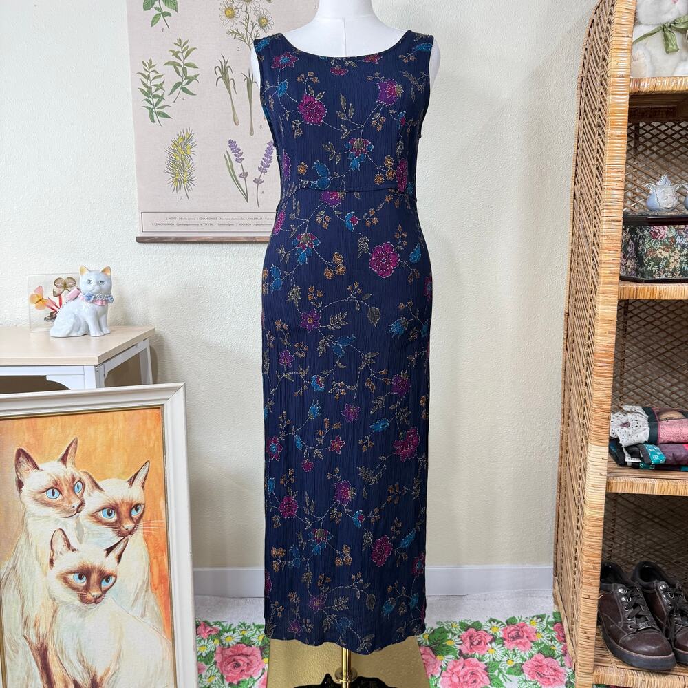 Vtg 90s Y2k Floral Crinkle Maxi Dress Whimsigoth Witchy Forest Fairy Grunge M